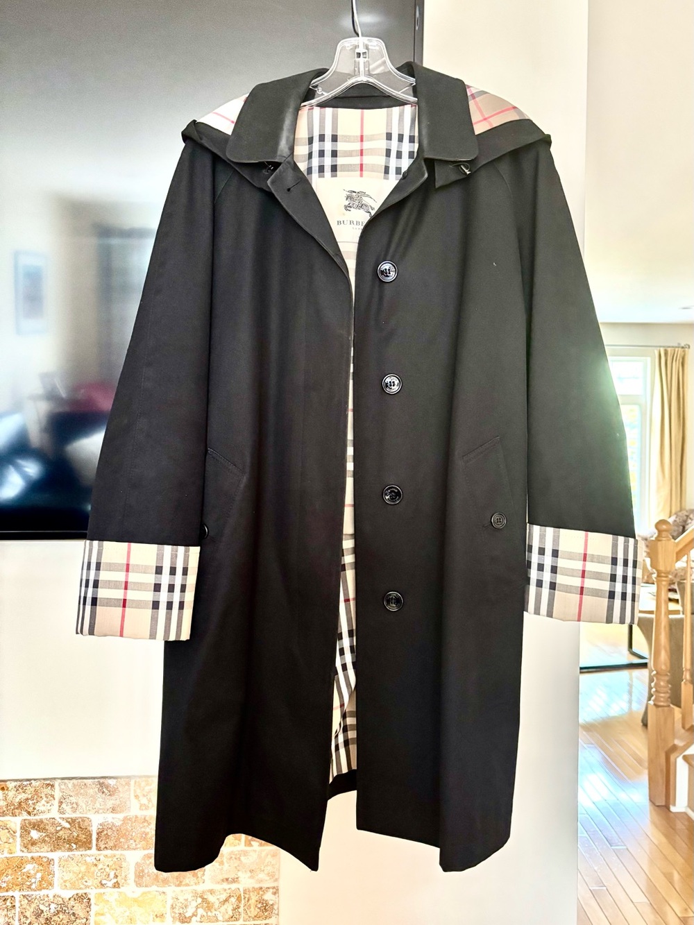 Burberry Black Trench Coat with Beige Check Lining, very good condition